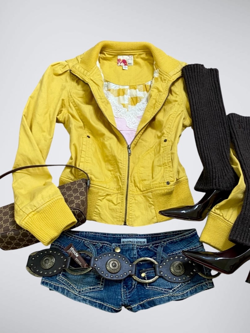 Vtg 2000s Forever 21 Mustard Yellow Utility Zip Up Jacket | Gingham Lined - Picture 2 of 6
